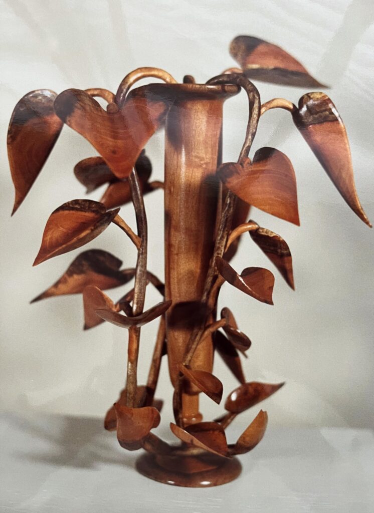 "Pathos" Hand Craved Mahagony Vase and Leaves by Dick Sheremeta